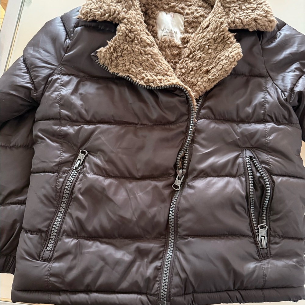 Zara boys light Puffer Jacket with Faux Fur Collar